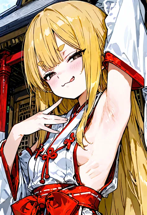 Droopy eyes, long hair, thick, rond eyebrows, blonde hair,  miko, shrine maiden clothes, sideboob, small breasts, smug, tongue, ((show her armpit:1.2)),  raises her hand