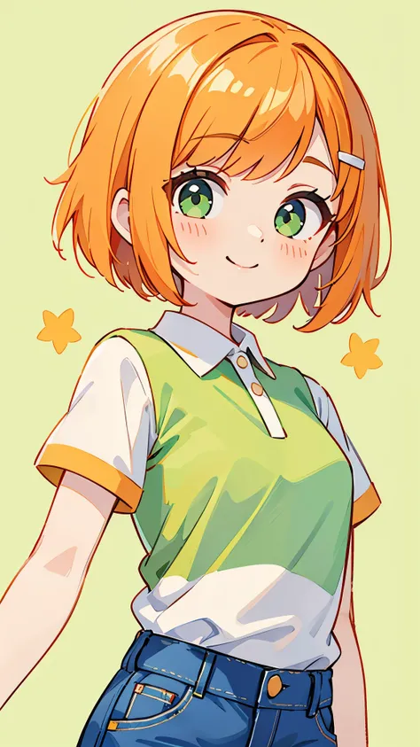  upper body closeup、 orange hair、 bob cut、 green eyes、 hair clip、smile、 super high leg cut micro denim shorts with 、 short sleeve polo shirt 