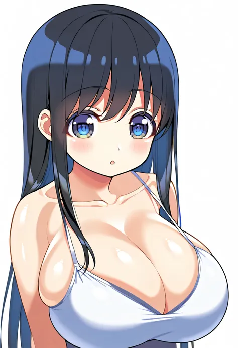 very big breasts blouse, shiny skin, chest, black hair, white background, one person