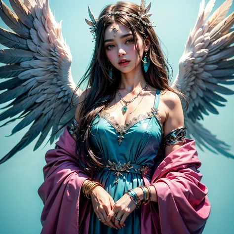 Wear turquoise blue clothes、Emit an aura、 silver bracelet 、 silver necklace 、Pink Feather、Angel Girl