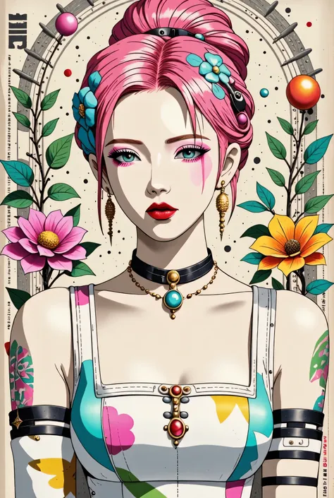 illustrated by Guo Chao style, poster design, in the style of psychedelic color schemes, hyper-detailed illustrations, 16k, a painting of a pagoda in the evening, in the style of graphic design-inspired illustrations, circular shapes detailed botanical ill...