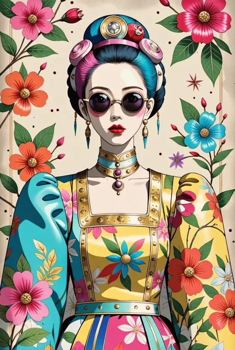 illustrated by Guo Chao style, poster design, in the style of psychedelic color schemes, hyper-detailed illustrations, 16k, a painting of a pagoda in the evening, in the style of graphic design-inspired illustrations, circular shapes detailed botanical ill...