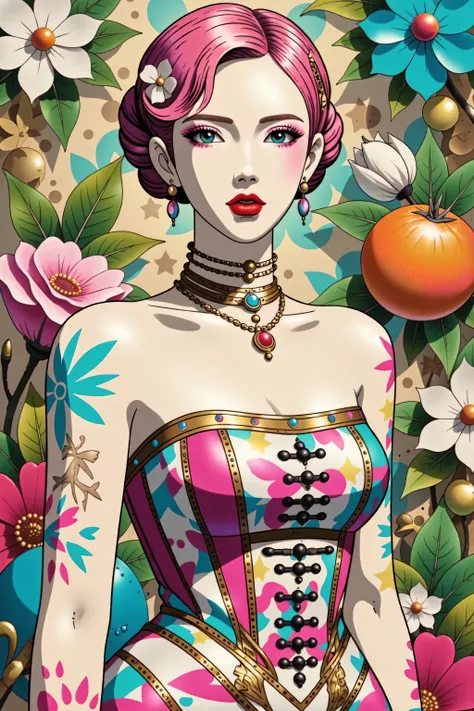 illustrated by Guo Chao style, poster design, in the style of psychedelic color schemes, hyper-detailed illustrations, 16k, a painting of a pagoda in the evening, in the style of graphic design-inspired illustrations, circular shapes detailed botanical ill...