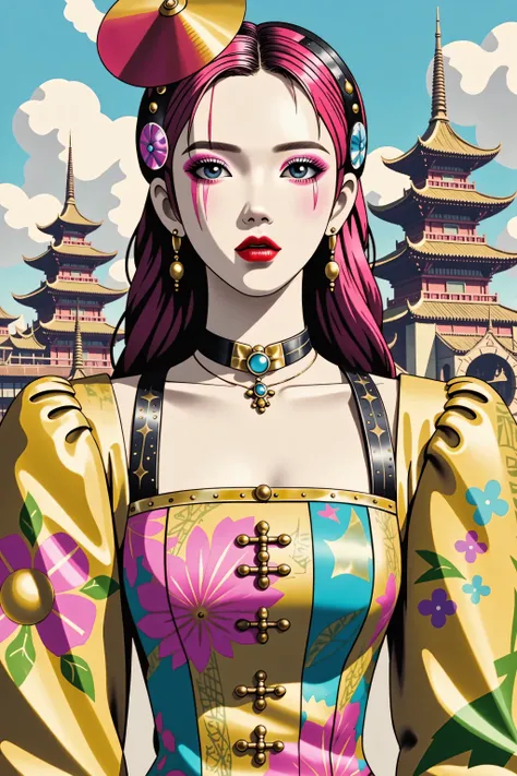 illustrated by Guo Chao style, poster design, in the style of psychedelic color schemes, hyper-detailed illustrations, 16k, a painting of a pagoda in the evening, in the style of graphic design-inspired illustrations, circular shapes detailed botanical ill...