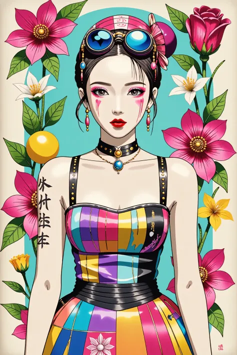 illustrated by Guo Chao style, poster design, in the style of psychedelic color schemes, hyper-detailed illustrations, 16k, a painting of a pagoda in the evening, in the style of graphic design-inspired illustrations, circular shapes detailed botanical ill...