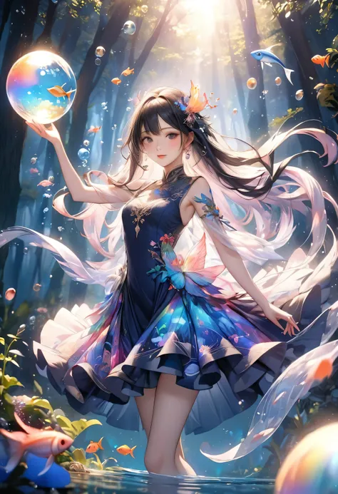 whole body、The breathtaking Korean idol, the beautiful goddess of the wind 、 She is wearing a costume with a delicately decorated fish motif 。 Wearing an elegant, flowing indigo dress that shines in rainbow colors 、 has fine scale patterns and marine desig...