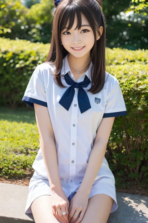 High quality masterpiece, 8k, , Japanese Girls, RAW Photos,  absurd, Winner portrait smile face, 笑face, Alone, uniform, Summer Clothes Idol&#39;face, violet, Gardenia, Delicate girl, Long black hair, Dark Eyes, Upper body digital SLR,     Observe the Audie...
