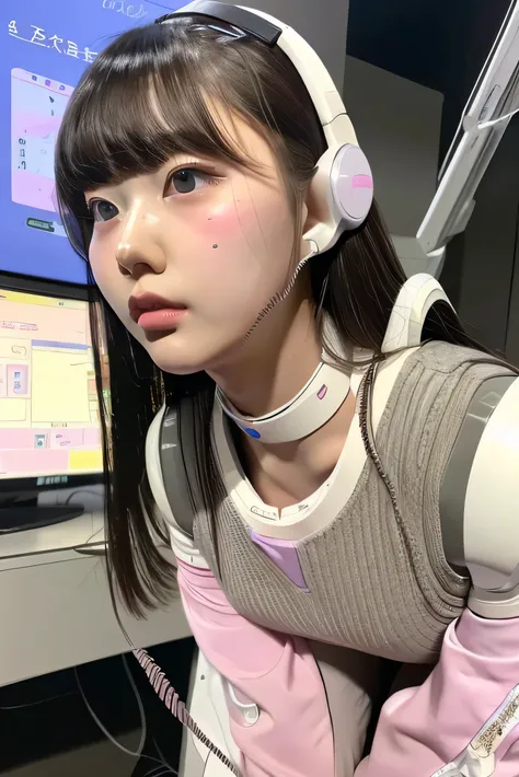 masterpiece, best quality, extremely detailed,portrait,front view,Japaese android girl,Plump,pastel color uniform, control panels,android,Droid,Mechanical Hand, Robot arms and legs,Blunt bangs,long tube,thick cable connected her neck