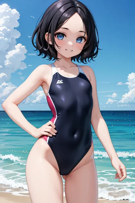 1girl，Black Hair，short hair，wavy hair，forehead，forehead，blue eyes，flat chest，grin，competition swimsuit