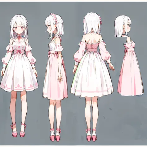 (best quality, masterpiece), 1girl, cute, white hair,long layer, pink eye, standing girl, draw a clean face, three view drawing, front and back and (side), character sheet,full body,simple background