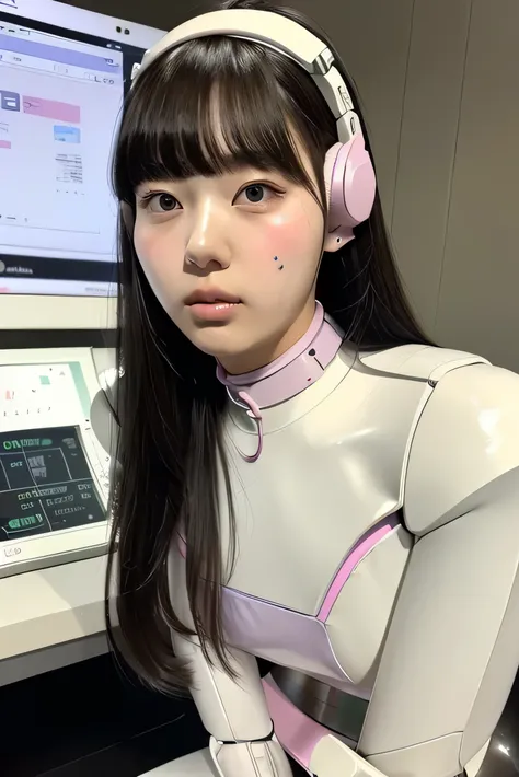 masterpiece, best quality, extremely detailed,portrait,front view,Japaese android girl,Plump,pastel color uniform, control panels,android,Droid,Mechanical Hand, Robot arms and legs,Blunt bangs,long tube,thick cable connected her neck