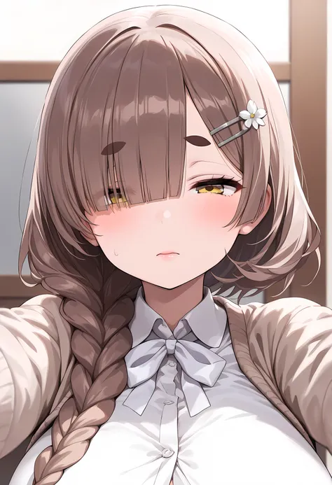 (ultra detailed:1.2),1 girl,(close-up,straight-on),reaching towards viewer,(open beige ,Cardigan,blouse, tented shirt),( yellow eyes,drooping eyesmellow eyebrows,With an upturned gaze), ( huge breasts ), (single braid,brown hair,blunt bangs,hair over one e...