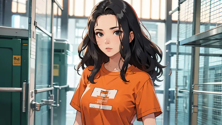 woman, long wavy hair, black hair, prison orange tshirt uniform, prisoner 