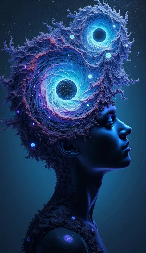 🌀 "A human figure dissolving into intricate fractal spirals, symbolizing overthinking and anxiety. The head is fragmented into swirling patterns of neon blues and purples, with glowing eyes lost in a cosmic void. Psychedelic textures blend thoughts into th...