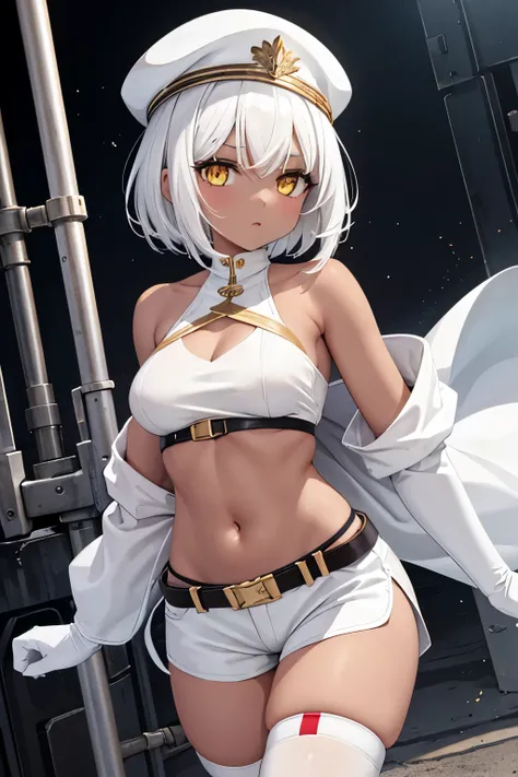 1girl，white Hair，short hair，flipped hair，thick hair，white eyebrows，White eyelashes，yellow eyes，medium breasts，white garrison cap，white tube top，white hot pants，white cloak，red knee-high socks，red elbow gloves，leg strap，wavy hair，dark skin，dark skin，old ind...