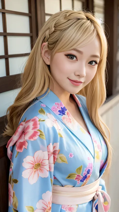 Blonde mini kimono beauty 、 gorgeous floral short kimono 、 cute girlfriend is the kimono model.、 brown eyes、 beautiful smile、 he's short、 braided 、 hair ornament、 colorful and flashy mini kimono 、