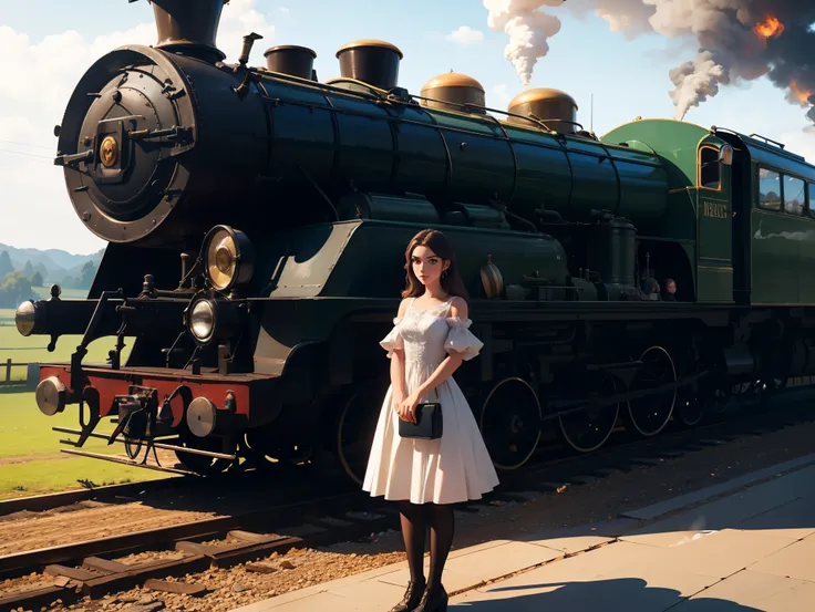  A very beautiful 19-year-old girl, In Gründerzeit dresses, Stands on the platform, A steam train drives in, With smoke, Each image is a different way of looking at, UHD,  masterpiece,  best quality , 8k,  Very realistic ,  PERFECT LIGHTING 