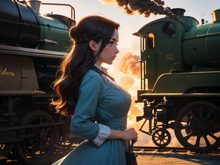  A very beautiful 19-year-old girl, In Gründerzeit dresses,  side view ,  Close Up , Stands on the platform, A steam train drives in, With smoke, Each image is a different way of looking at, UHD,  masterpiece,  best quality , 8k,  Very realistic ,  PERFECT...