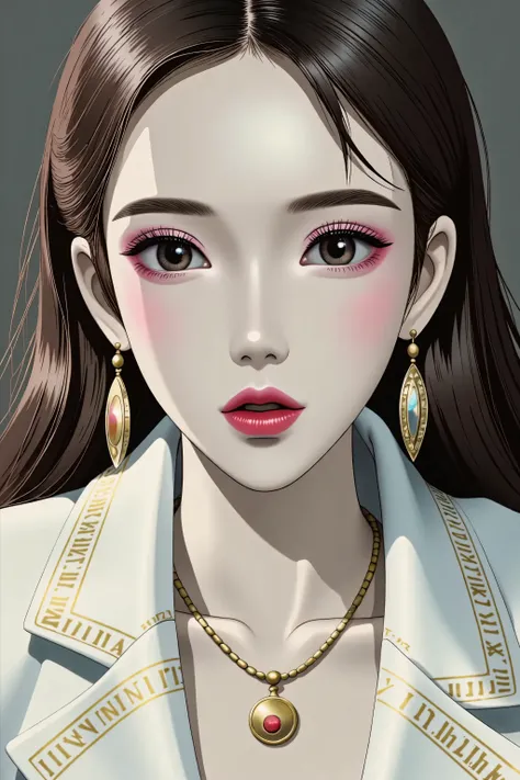 80’s glam rock makeup on shiny face, asian girl, anime, 2.5D, moody lighting, (green, pink, gold), pretty, sexy, minimal, sleek, slender, asian, elegant, futuristic, retro, sophisticated half human half machine, mouth open wide, Kizi,(eyes looking off to s...