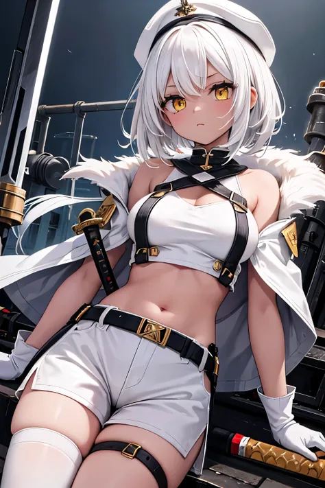 1girl，white Hair，flipped hair，thick hair，messy hair，white eyebrows，White eyelashes，yellow eyes，medium breasts，white garrison cap，white tube top，white hot pants，white cloak，red knee-high socks，red elbow gloves，leg strap，wavy hair，dark skin，dark skin，old ind...