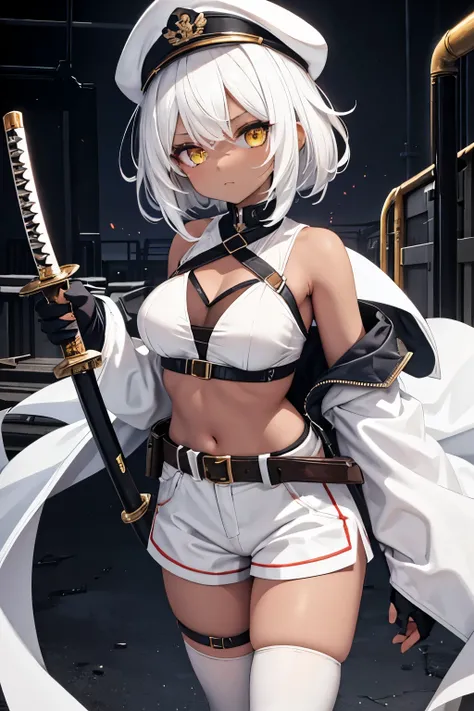 1girl，white Hair，flipped hair，thick hair，messy hair，white eyebrows，White eyelashes，yellow eyes，medium breasts，white garrison cap，white tube top，white hot pants，white cloak，red knee-high socks，red elbow gloves，leg strap，wavy hair，dark skin，dark skin，old ind...