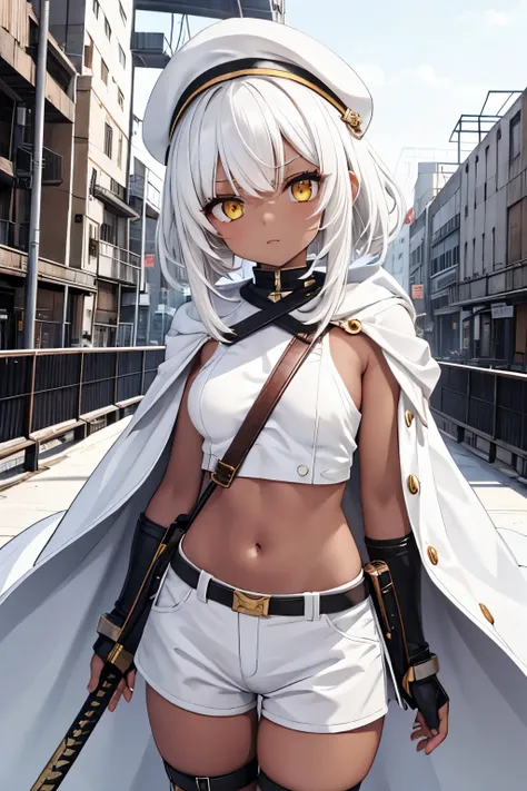 1girl，white Hair，flipped hair，thick hair，messy hair，white eyebrows，White eyelashes，yellow eyes，medium breasts，white garrison cap，white tube top，white hot pants，white cloak，red knee-high socks，red elbow gloves，leg strap，wavy hair，dark skin，dark skin，old ind...