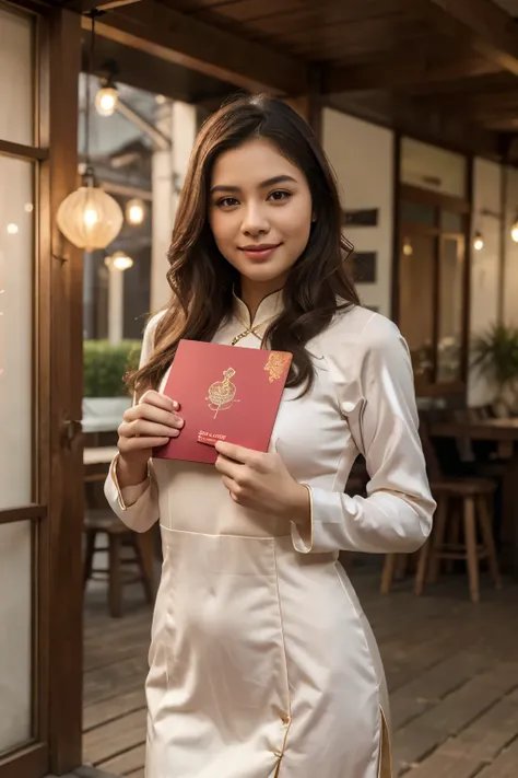 a beautiful girl in traditional vietnamese ao dai dress, holding a new year's card, 2025 text, warm smile, joy of welcoming the new year, cowboy shot, realistic style, photorealistic, 8k, high quality, detailed, vibrant colors, soft lighting, hopeful, fanc...