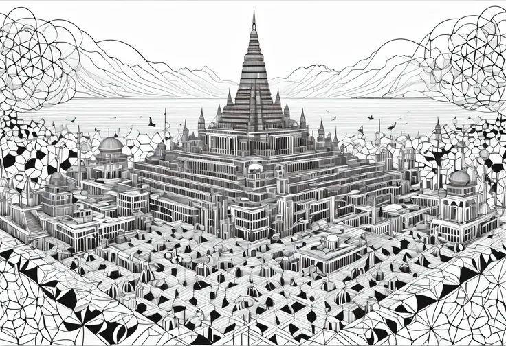 Make a coloring book for s 1. A surreal cityscape composed entirely of circles and triangles, forming a mysterious metropolis. Black and white line art, pure white background, clear black outlines, no shading, highly detailed, geometric style.  
2. An intr...