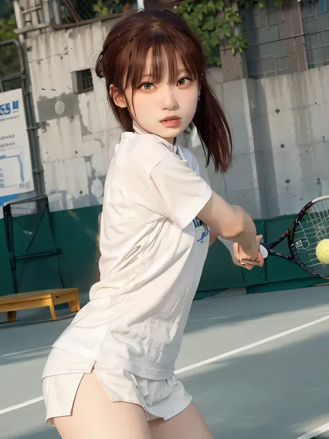 A young female tennis player dressed in a sleek blue tennis outfit stands ready, with her white undergarments visible. gripping her tennis racket with both hands in a poised and focused stance. The sunlight highlights the crisp lines of her attire and the ...