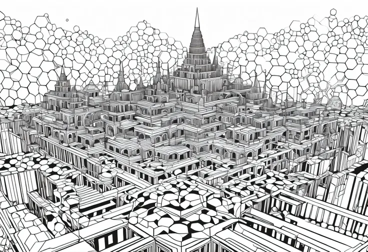 Make a coloring book for s 1. A surreal cityscape composed entirely of circles and triangles, forming a mysterious metropolis. Black and white line art, pure white background, clear black outlines, no shading, highly detailed, geometric style.  
2. An intr...