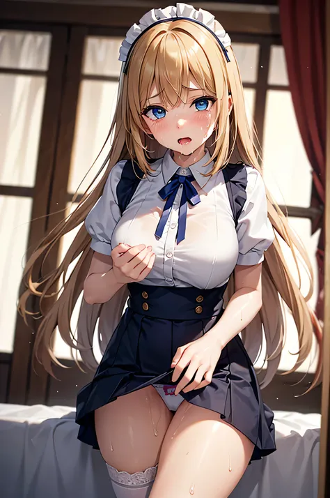  ADULT WOMAN,  alone,  sexy, 8k resolution,(( top quality)),  Ultra High Resolution, (Tearful expression), (blue eyes),  beautiful symmetrical face  , (  Long Golden Hair ), maid clothes, miniskirt,Maid Cufflinks, stockings, is present:1.4,(masterpiece:1.2...