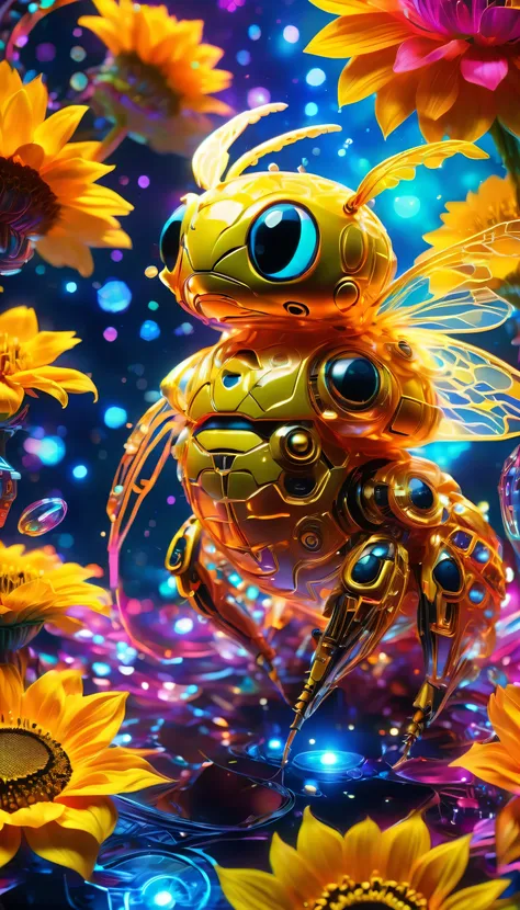 surreal a very beautiful, very Futuristic big eyes cute bee perched on a sunflower picking up hot neon honey with glowing star armor, majestic, hot, neon, highly detailed, very colorful, 3D effect, very deep textured paint, Starry Night background with sun...