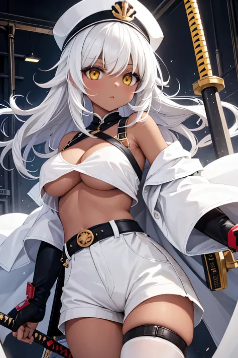 1girl，white Hair，flipped hair，thick hair，messy hair，white eyebrows，White eyelashes，yellow eyes，medium breasts，white garrison cap，white tube top，white hot pants，white cloak，red knee-high socks，red elbow gloves，leg strap，wavy hair，dark skin，dark skin，old ind...