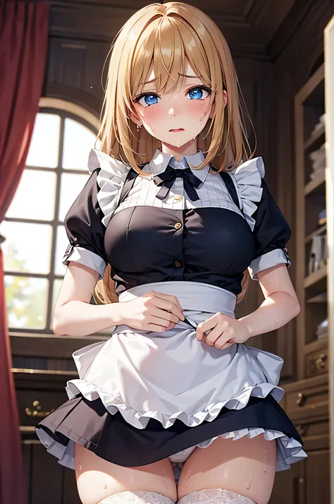  ADULT WOMAN,  alone,  sexy, 8k resolution,(( top quality)),  super high resolution, (Tearful expression), (blue eyes),  beautiful symmetrical face  , (  Long Golden Hair ),Disheveled maid outfit, miniskirt,Maid Cufflinks, stockings, is present:1.4,(master...