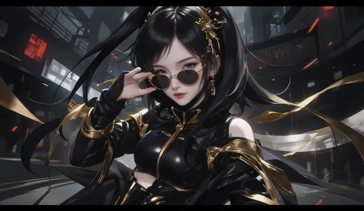 Dark, enigmatic anime female,  young adult,  with captivatingly detailed features.  Sharp, intense gaze; subtle yet striking red lips.  She sports  a sleek,  black,  high-gloss,  form-fitting outfit, akin to  a futuristic superhero or villain costume,  wit...