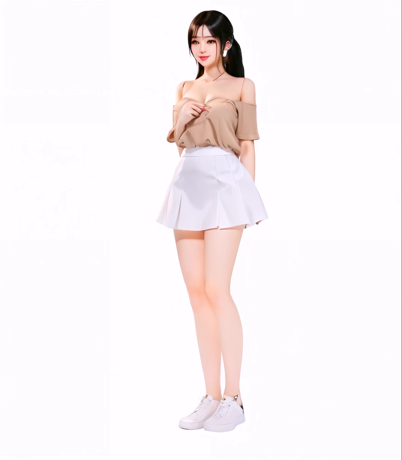 a woman in a short skirt and top standing with her hands on her hips, inspired by Sim Sa-jeong, white skirt and barechest, casual pose, female outfit, full body;, anime vtuber full body model, full body female, !!full body portrait!!, outfit design, live2d...