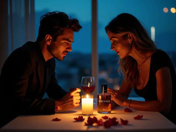 "The low hum of the evening fills the air as a stylish man and his partner sit across from each other at a modern dining table. He’s dressed in a dark, well-fitted outfit, effortlessly composed yet visibly touched by the moment. In front of him sits a real...