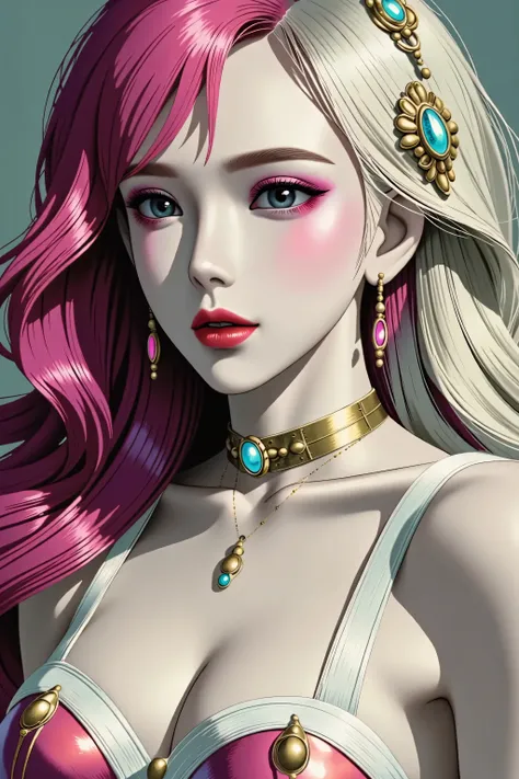 80’s glam rock makeup on shiny face, asian girl, anime, 2.5D, moody lighting, (green, pink, gold), pretty, sexy, minimal, sleek, slender, asian, elegant, futuristic, retro, sophisticated half human half machine, mouth open wide, Kizi，(eyes looking off to s...