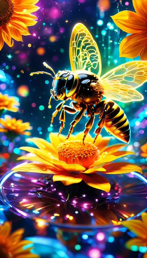 surreal a very beautiful, very Futuristic big eyes cute bee perched on a sunflower picking up hot neon honey with glowing star armor, majestic, hot, neon, highly detailed, very colorful, 3D effect, very deep textured paint, Starry Night background with sun...