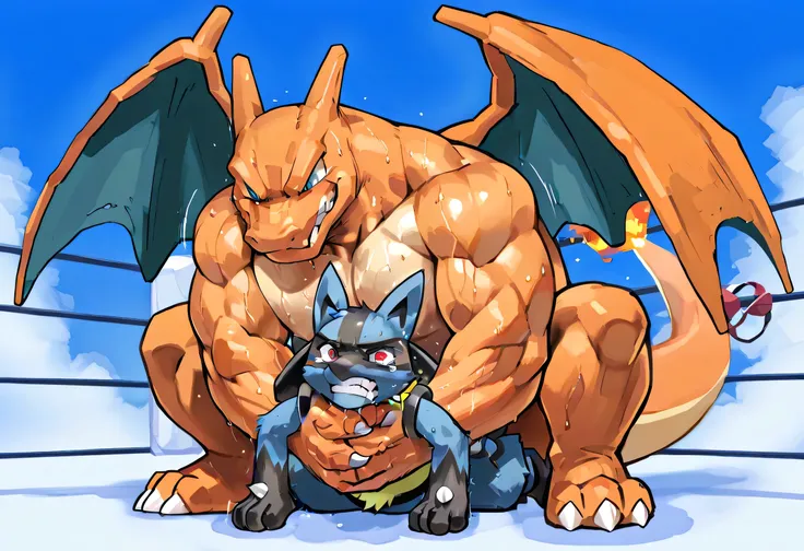 4k ultra quality, 4k full body view,masterpiece quality, giant charizard camel clutch to small lucario, wrestling, [lucario:on stomach, throw his head backward, open his arms wide, very small build, young, close his eyes, tears in his eyes], [charizard:squ...