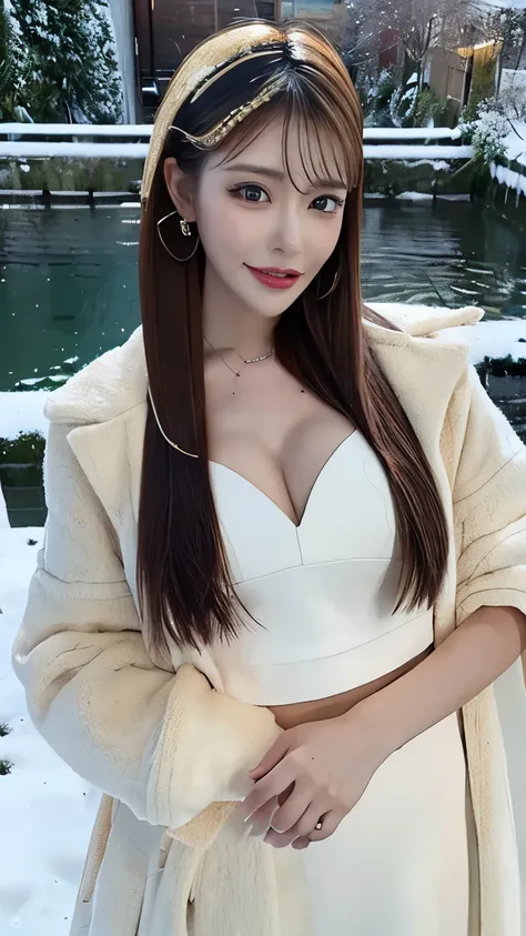 ((Ultimate sensation, 8K, masterpiece:1.3)), a beautiful woman with defined abs:1.3, (random-colored straight long hair, large chest:1.4), beautiful snowy landscape, ((random-colored winter outfit)), ((fashion suitable for the New Year)), elegant posture, ...