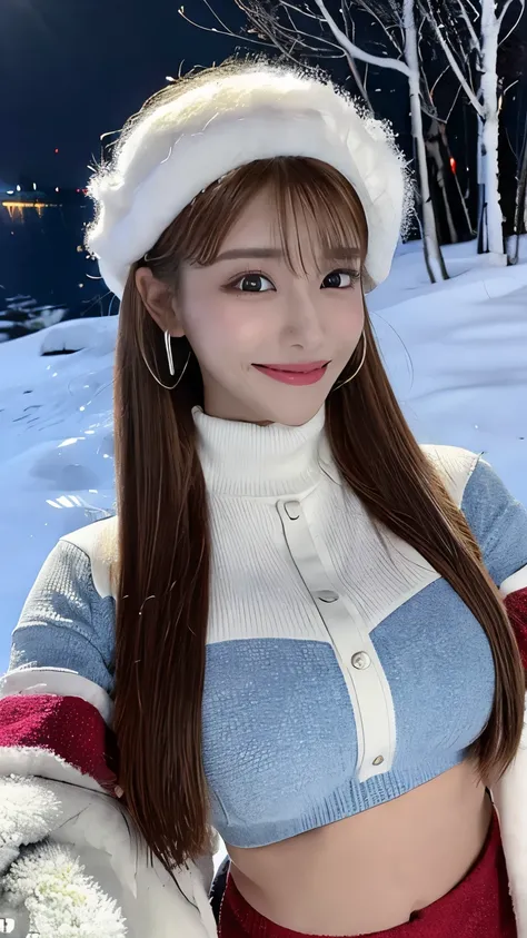 ((Ultimate sensation, 8K, masterpiece:1.3)), a beautiful woman with defined abs:1.3, (random-colored straight long hair, large chest:1.4), beautiful snowy landscape, ((random-colored winter outfit)), ((fashion suitable for the New Year)), elegant posture, ...