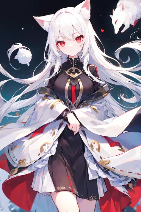 White hair, red eyes, long hair, Arctic fox ears, Arctic fox tail