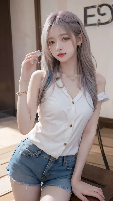   high definition , 8k,  1 girl,  Look at the audience ,    Very Long Hair  ,  White hair,   rainbow hair  ,  multicolored hair ,   ,   chest  ,  seductive face color  ,Slim legs, Sexy Gesture,necklace,earring,bangle, Women's Shirt, shorts