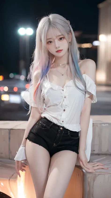   high definition , 8k,  1 girl,  Look at the audience ,    Very Long Hair  ,  White hair,   rainbow hair  ,  multicolored hair ,   ,   chest  ,  seductive face color  ,Slim legs, Sexy Gesture,necklace,earring,bangle, Women's Shirt, shorts,outdoor