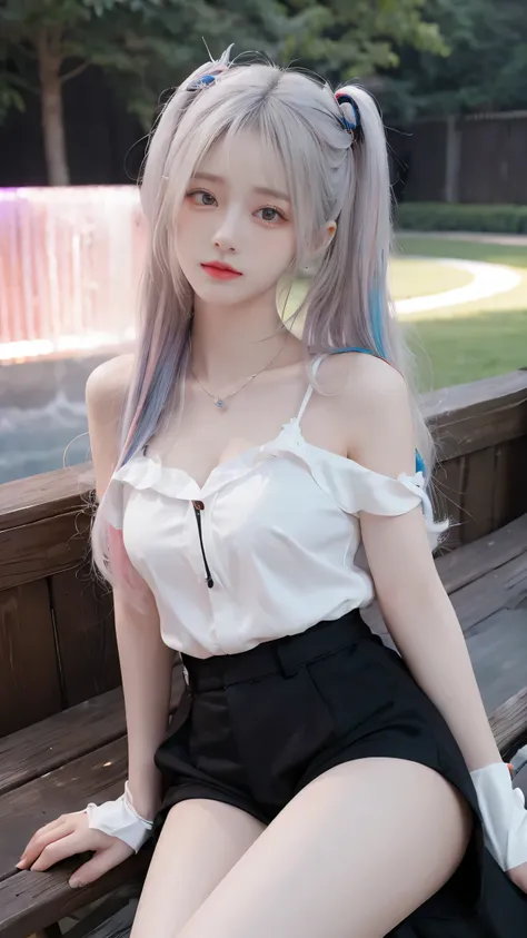 high definition , 8k, 1 girl, Look at the audience , Very Long Hair , White hair, rainbow hair , multicolored hair , , chest , seductive face color ,Slim legs, Sexy Gesture,necklace,earring,bangle, Women's Shirt, shorts,outdoor