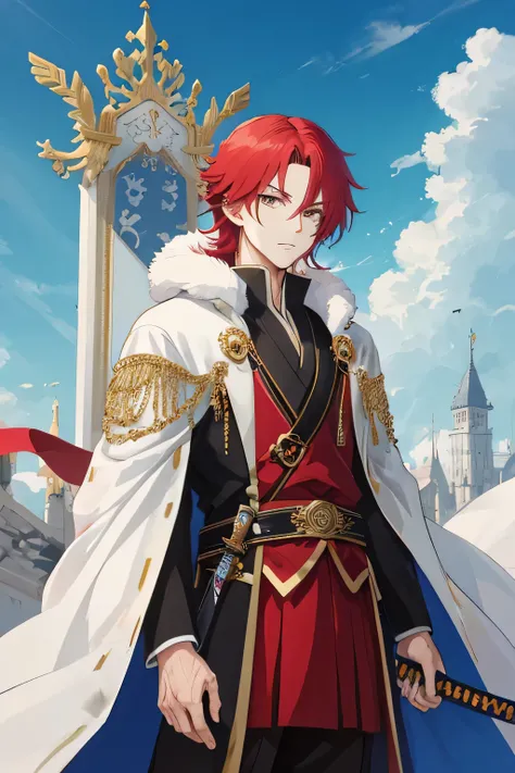 The king of anime。Young and handsome。 hair is red。Standing dressed like a king。 sword。