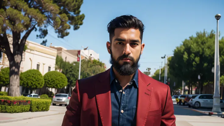 Dark-skinned Mexican man, modern short hair, long black beard. Red dress shirt. Blue jeans. In front of a Mexican park.