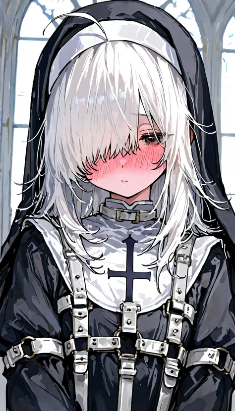 (flat chest:1.3), Blushing、To blush、Thick eyes, white hair, long hair, hair over one eye, messy hair, (Harness:1.3), ahoge, medium hair, nun cassock clothing, priest