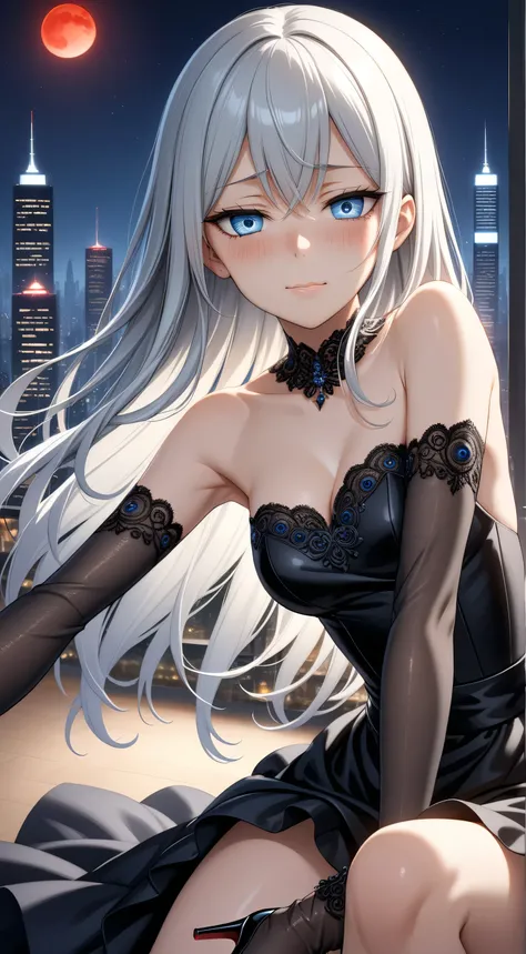 Random Sexy pose , ((Ultra detailing)), (very aesthetic, best quality, ultra detailed), intricate details, 1girl, silver hair, silver eyes,((Detailed eyes)), ((Beautifull eyes)), ((prefect eyes)), sharp jawline, long hair, shy, Licking her lips, Blush ,Wea...